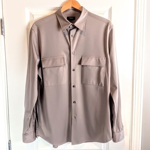 Theory Men's Taupe Patch Pocket Structure Knit Long Sleeve Shirt - Picture 1 of 9